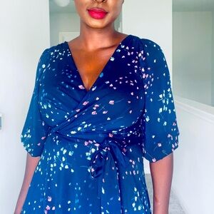 DKNY Balloon Sleeve Dress, Size 8 Navy Blue with pink and blue florals.